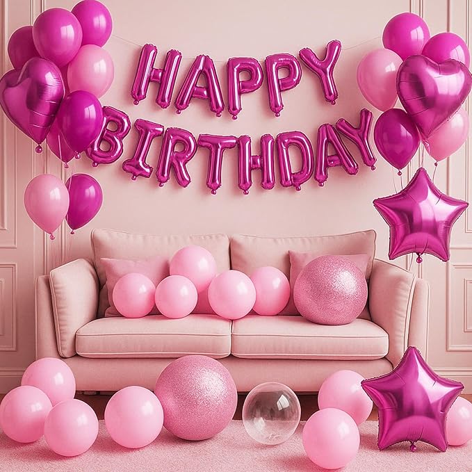 29PC Hot Pink Happy Birthday Balloon Banner, 16 Inch 3D Letter Banner Sign, Pink Hot Pink Metallic Balloons 18 Inch Star Heart Foil Balloons for Women, Girls Party Decorations