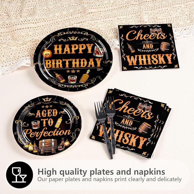 Grencian 96Pcs Whiskey Birthday Party Decorations for Men Aged to Perfection Party Supplies Plates Disposable Heavy Duty Whiskey Birthday Tableware Set for Beer Theme Parties Supplies Serves 24