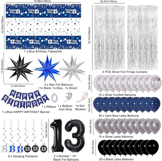 13th Birthday Decorations for Boys and Girls Dark Blue, Official Teenager Decorations HAPPY BIRTHDAY Banner 13 Balloon Number Tablecloth Foil Star Balloons Garland Arch Kit-13 Year Old Party Supplies
