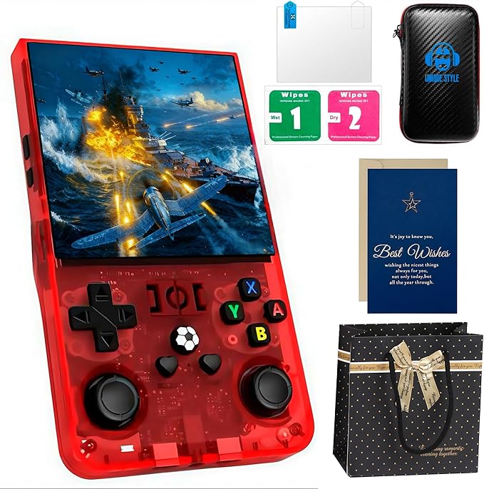 R36MAX Retro Game Console with Christmas Card & Gift Bag | 4 Inch IPS Screen, 21000+ Pre-Installed Games, 20+ Emulators, Portable Linux System (Red Gift Set)