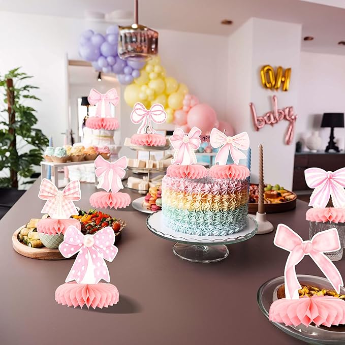 Gyufise 9Pcs Pink Bow Party Honeycomb Centerpieces Decorations Pink Bow Coquette Birthday Decorations Pink Bow Paper Coquette Party Supplies for Bridal Engagement Bachelorette Wedding Party Decor