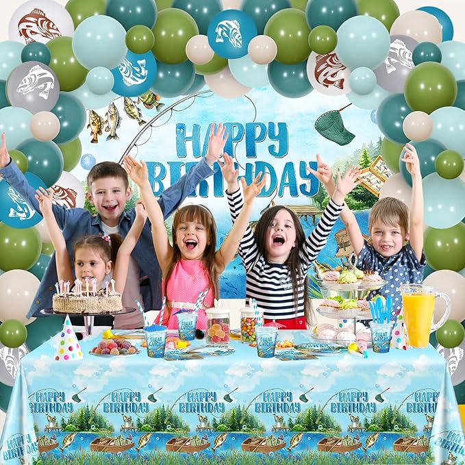 Fishing Birthday Party Decorations 274PCS Gone Fishing Plates Napkins Tablecloth Cups Balloons Banner All-in-1 Fish Party Decorations Birthday Party Supplies Serve 24