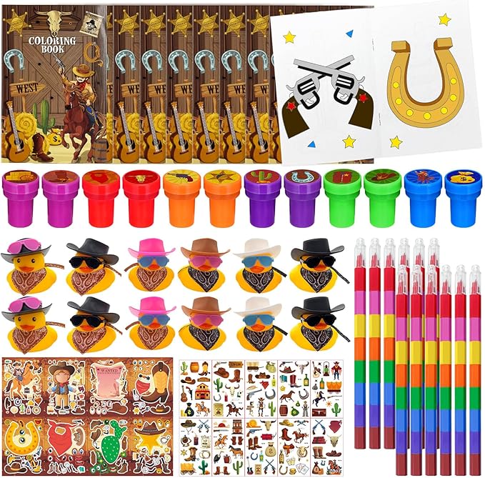 Cinrobiye 144 Pcs Western Cowboy Party Favors, Wild West Coloring Books, Stickers, Tattoos, Stampers, Rubber Ducks, Rainbow Pencils, Barn Party Supplies, Birthday Goodie Bag Fillers, Prize Bulk Set