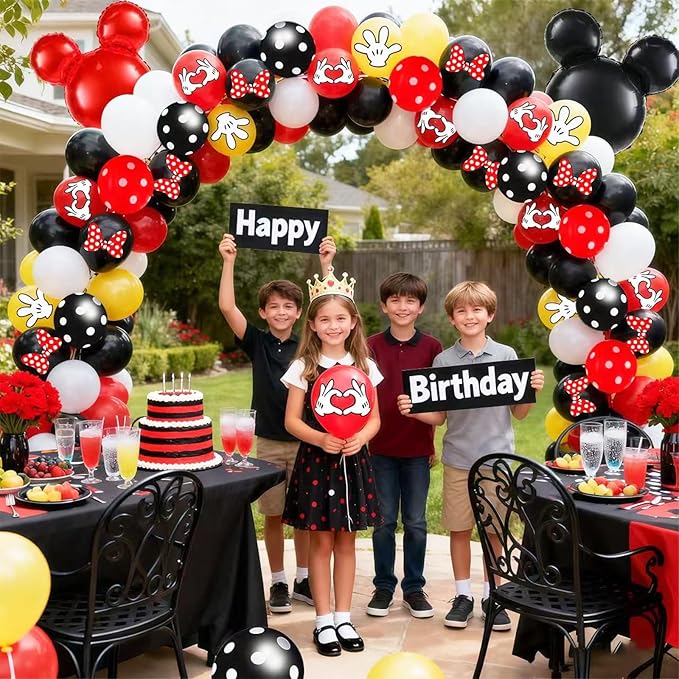 125 Pcs Black Red Yellow Balloon Garland Arch Kit, For Cartoon Birthday Decorations Themed Cute Mini Mouse Party Decorations Girls Kids Gatherings Party Supplies