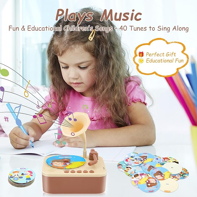 Kids Gramophone with 96 Learning Cards, Kids Storytelling Toys and Toddler Music Player, Kids Record Player Ages 3+