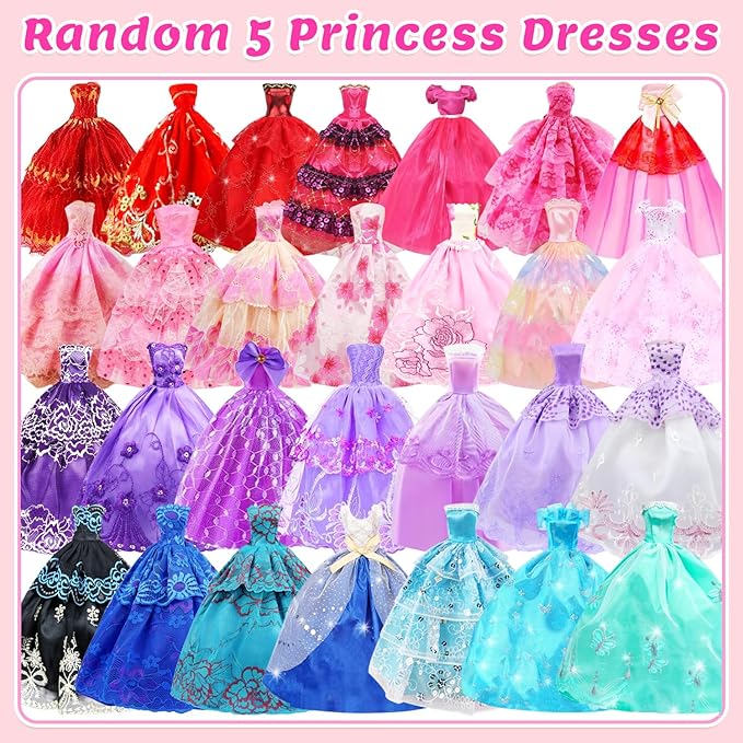75 Pcs Doll Clothes and Accessories Gift Box Package,5 Wedding Gowns 4 Evening Dresses 8 Fashion Dresses 3 Set Casual Outfit, 2 Swimsuit,30 Hanger 20 Shoes 10 Accessories for Girls 3-10 years old Gift