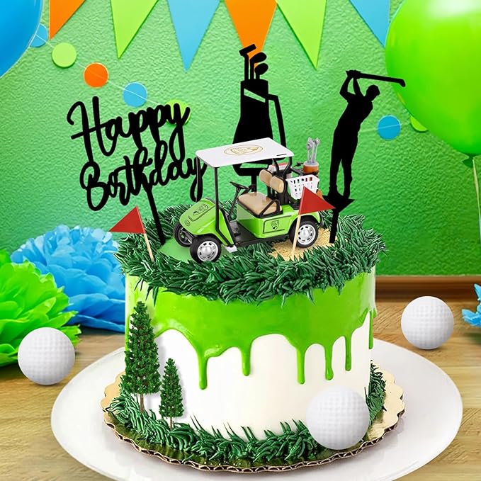 Hooqict 21 Pieces Golf Cake Decorations with Mini Cart, Balls, Clubs, Red Flags, Green Cake Toppers & Cupcake Toppers for Men Sports Golf Themed Birthday Party Decorations Supplies