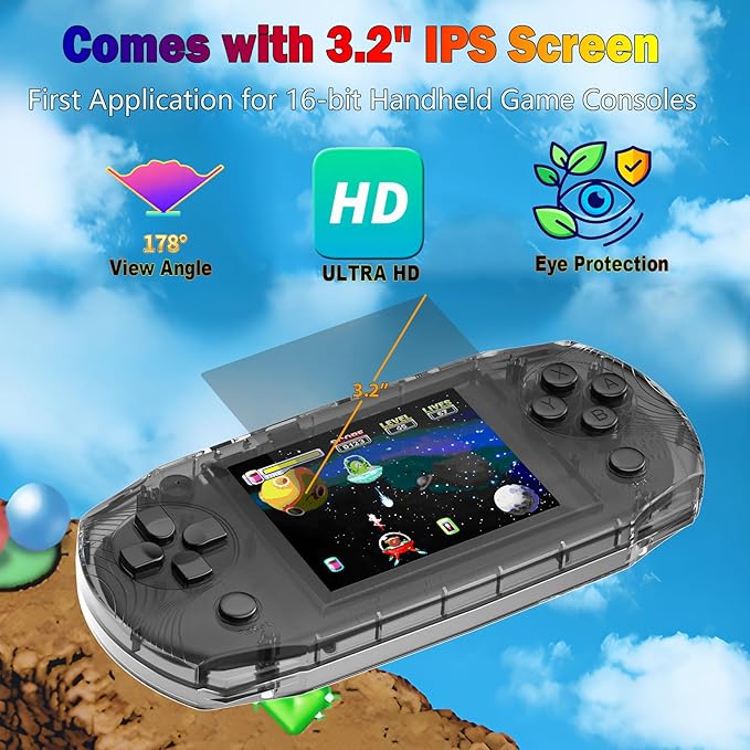 16 Bit 3.2" IPS Large Screen Handheld Game Console for Kids Preloaded 100 Retro Video Games, Portable Gaming System Rechargeable Battery, Mini Travel Electronic Toy Gifts for Boys Girls (Black)