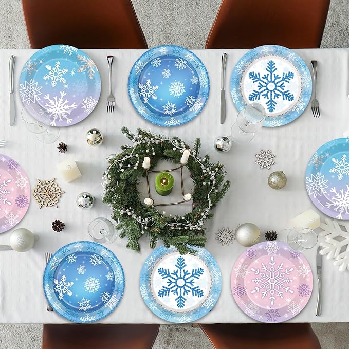 Wiooffen 80Pcs Winter Plates Snowflake Wonderland Party Tableware Decorations Winter Snowflake 7'' Paper Cake Dessert Dinner Plates for Christmas Xmas Holiday Party Supplies
