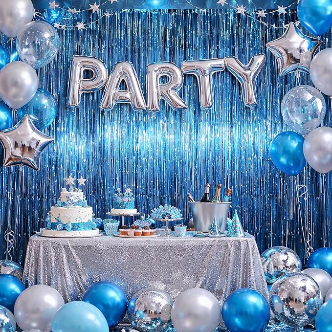 3.3 x 6.6 ft Foil Fringe Backdrop Curtains, Tinsel Streamers Party Decorations, Fringe Backdrop for Birthday, Baby Shower, Gender Reveal, Graduation (9, Retro Blue)