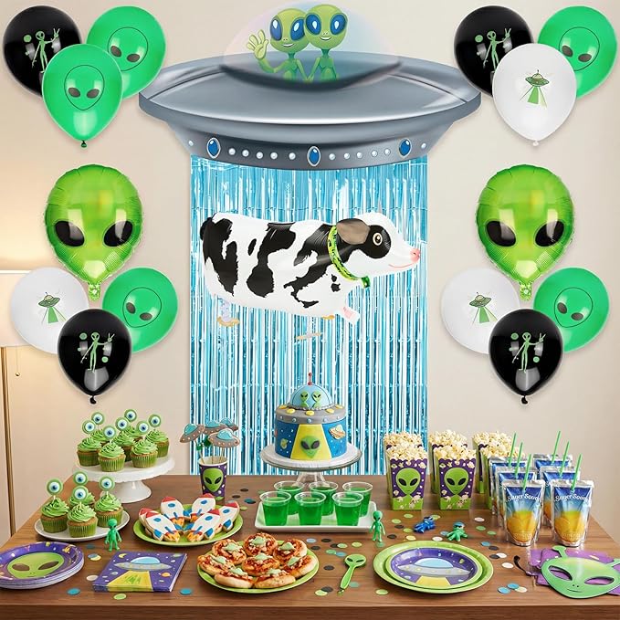 24PCS Alien Birthday Party Decorations Set, Space Theme Party Supplies with Alien & Cow Balloons Decorations, Blue Foil Fringe Curtain, Outer Space Birthday Decorations