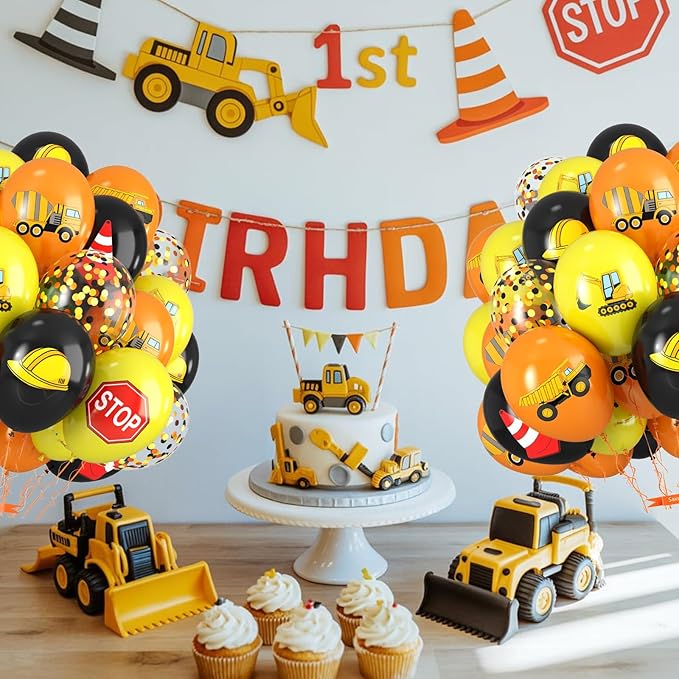 Construction Balloons, 12 Inch Black Yellow Orange Confetti Truck Construction Party Latex Balloons for Boy Excavator Party Baby Shower Truck Themed Birthday Decorations