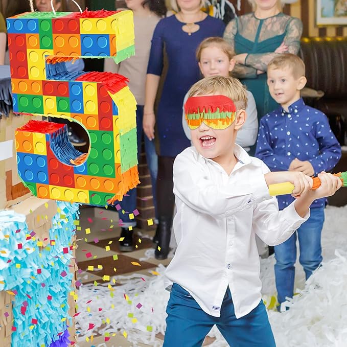 Building Blocks 5th Birthday Party Decorations Number 5 Pinata with Pinata Stick & Blindfold for Kids Girls Boys Happy Birthday Building Block Theme Party Supplies Carnival Games