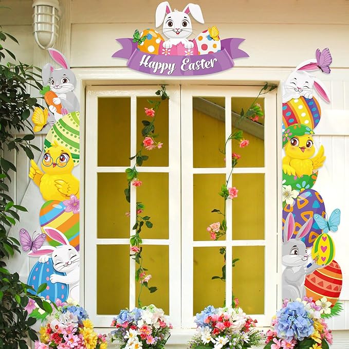 Namalu 3 Pcs Happy Easter Porch Banners Cute Bunny Chicken Egg Door Decorations Easter Porch Sign for Front Door Window Wall Decor Spring Birthday Party Supplies