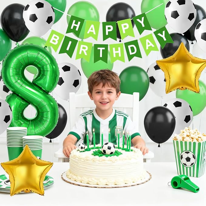 Soccer Party Decorations for Boys, 8th Soccer Birthday Decoration with Green Black White Balloons 'HAPPY BIRTHDAY' Banner Cake Toppers 32in Foil 8 Balloon for Kids Boys Men Birthday Decor