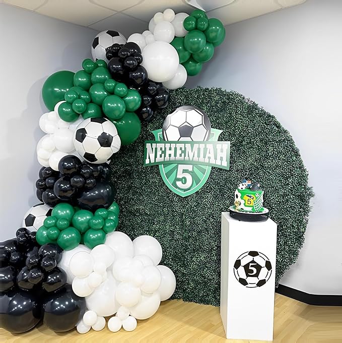 144PCS Dark Green Black White Balloon Garland Arch Kit with 22inch 4D Soccer Foil Balloons for Soccer Themed Birthday Football Soccer Match Party Decorations