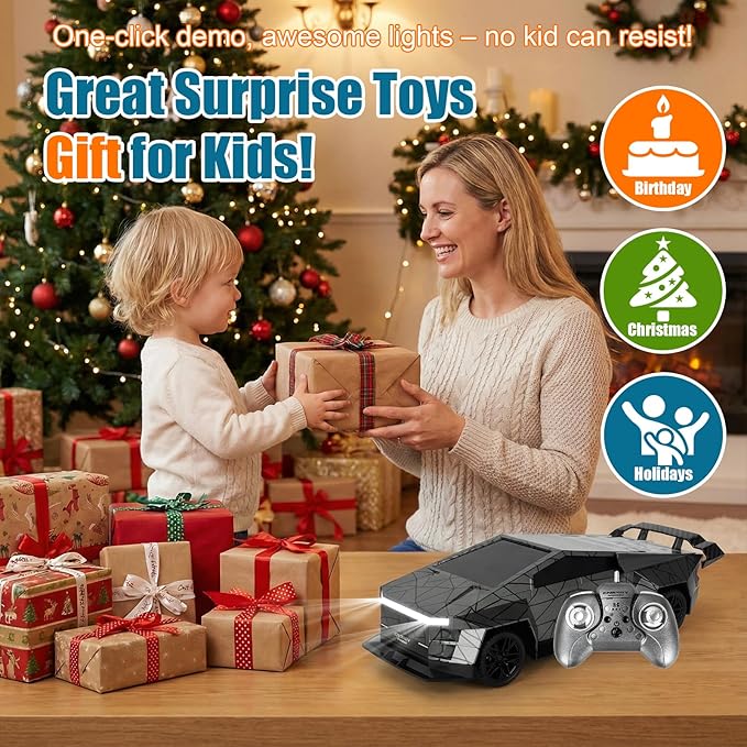 Remote Control Car/RC Truck – 2.4 GHz All-Terrain Cyber Vehicles with One-Touch Demo and Three Adjustable LED Light Effects, Off-Road Pick-Up Hobby Monster Truck Toys Gifts for Boys/Girls Aged 3+