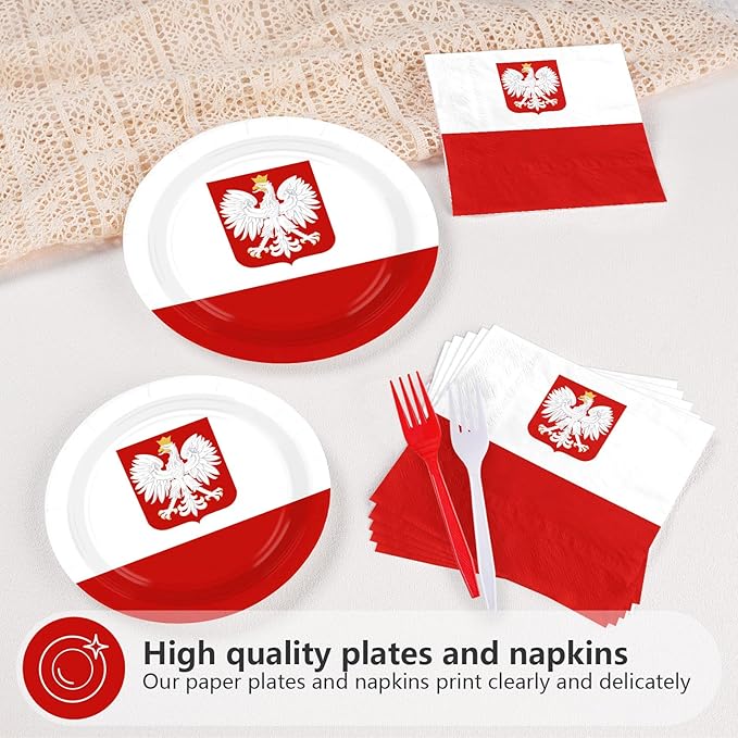 96Pcs Poland Flag Party Decorations National Country Decoration Poland National Day Plates and Napkins Tableware Set for Polish Red and White Patriotic Festival Party Supplies，Serves 24