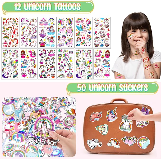Winrayk 146Pcs Unicorn Party Favors Birthday Supplies Girls, Headband Bag Bracelet Stamper Keychain Slap Bracelet Tattoo Sticker Ring, Goodie Stuffer Pinata Filler Rainbow Unicorn Party Supplies Decor