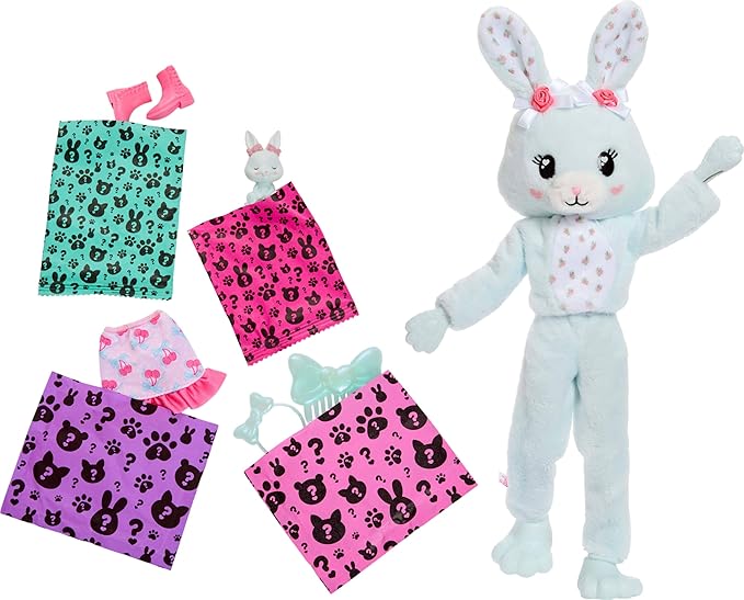 Barbie Cutie Reveal Doll & Accessories, Cuddly Series Bunny with 10 Surprises Including Color Change & Mini Pet