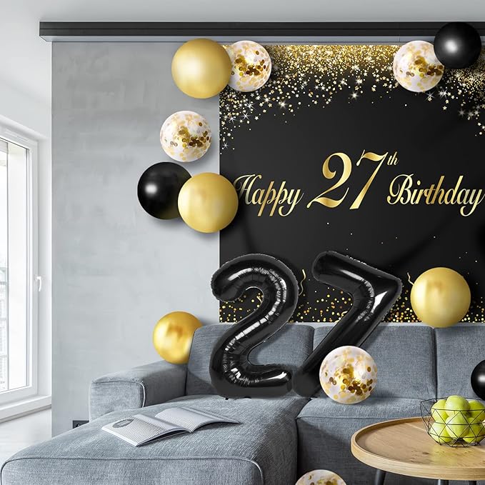 Happy 27th Birthday Balloons Black Set Decor - Cheers to 27 Years Old Party Theme Garland Banner Backdrop Decorations For Women and Men Supplies