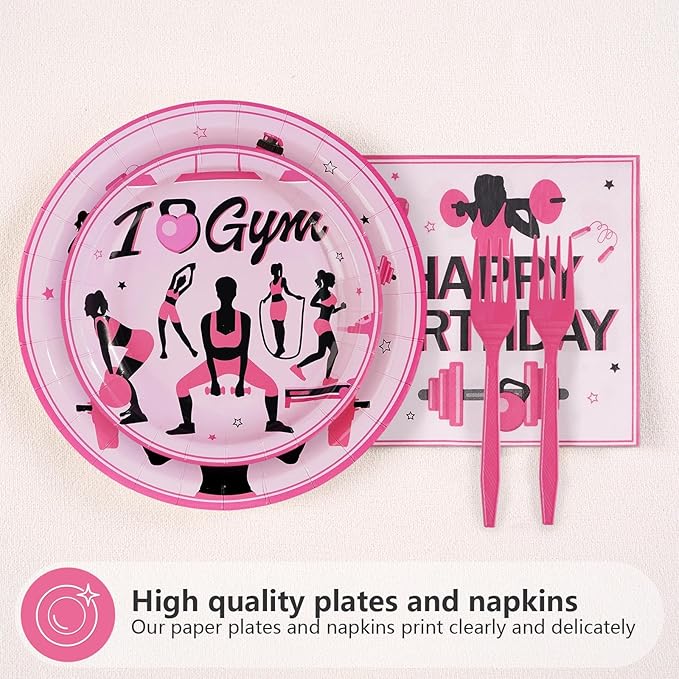 96Pcs Gym Happy Birthday Party Decoration Black and Pink Work Out Weight Plates and Napkins Disposable Weightlifting Equipment Tableware Set for Bodybuilding Girl Birthday Party Supplies Serves 24