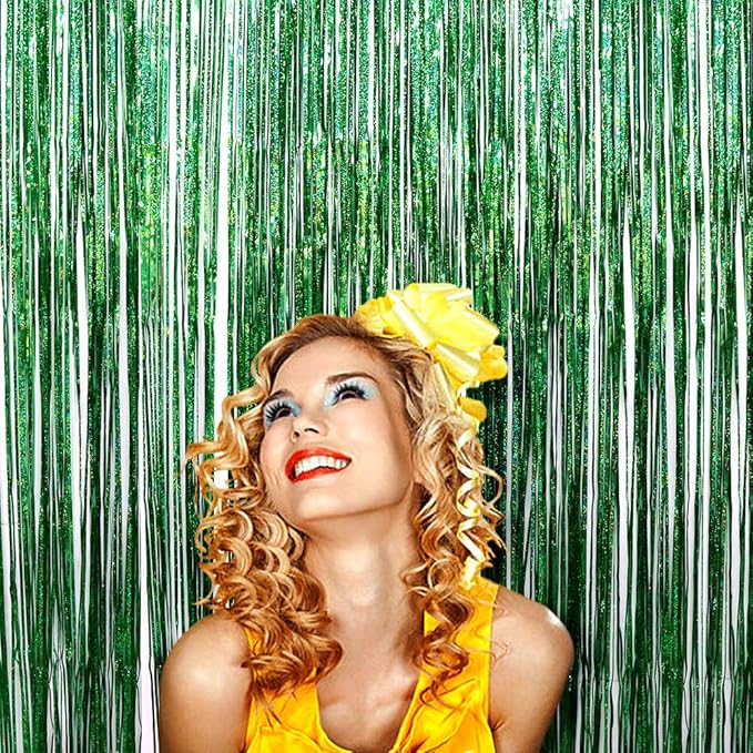 Iridescent Foil Fringe Curtains Rainforest Jungle Theme Party Supplies Birthday Wedding Party Window Door Decorations Fun Photo Booth Backdrop Props(2 Packs, (W) 3.28*(H) 6.56 Ft, Green)