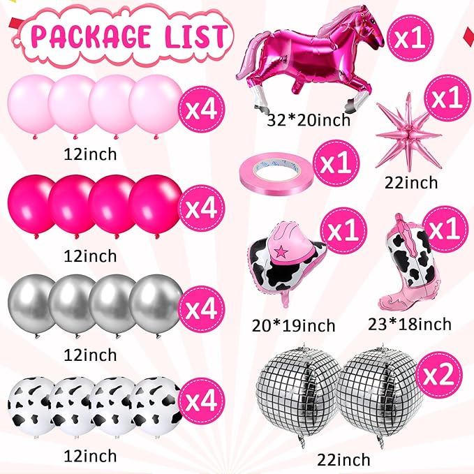 Hungdao 23 Pcs Cowgirl Theme Party Balloons Set Cow Print Cowgirl Hat Boot Pink Silver Star Balloons Ribbon for Western Theme Decorations Retro Horse Rodeo Party Supplies (Horse)