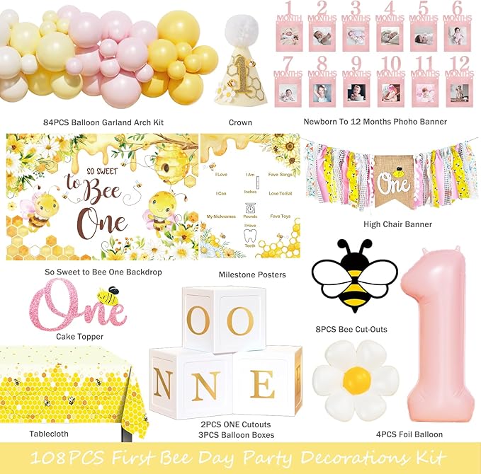 First Bee Day Decorations Girl – 108PCs Honey Bee Themed 1st Birthday Party Supplies with So Sweet to Bee One Backdrop, Banner, Pink Yellow Balloon Garland Kit, Tablecloth