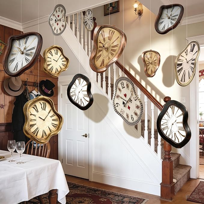 24 Pcs Wonderland Tea Party Decoration Clock Cards Hanging Banner Wonderland Melting Clock Garland Decorations Fairytale Theme Background for Birthday Baby Shower Garden Tea Party Supplies