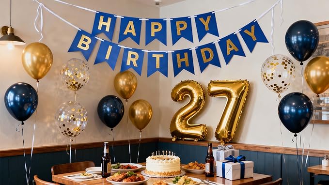 27th Birthday Party Decorations Navy Blue, Blue Birthday Banner Number 27 Foil Confetti Balloons for 27 Year Old Men Him Her Boyfriend Party Balloons Supplies(27th)