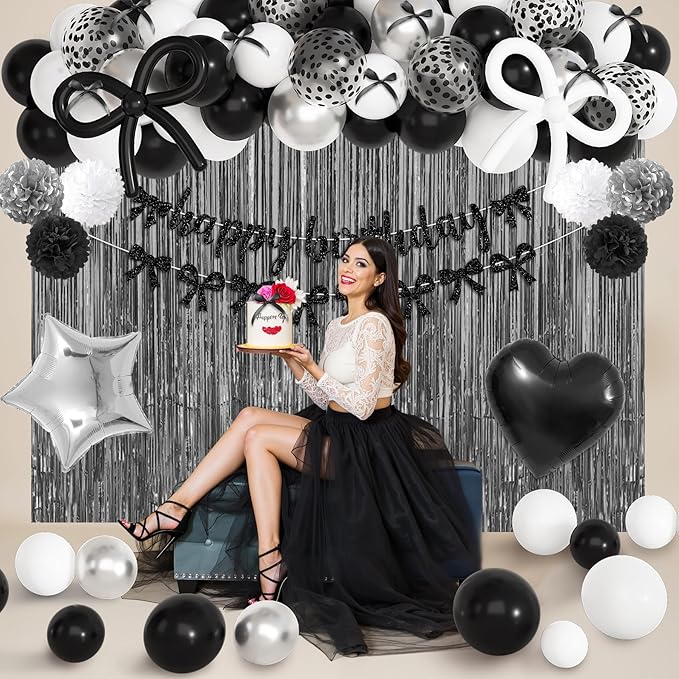 Black Bow Birthday Party Decorations, Coquette Bow Black and White Silver Confetti Long Balloons Happy Birthday Banner Fringe Curtain Tassel Pompoms for Women Girls Theme Baby Shower Party Supplies