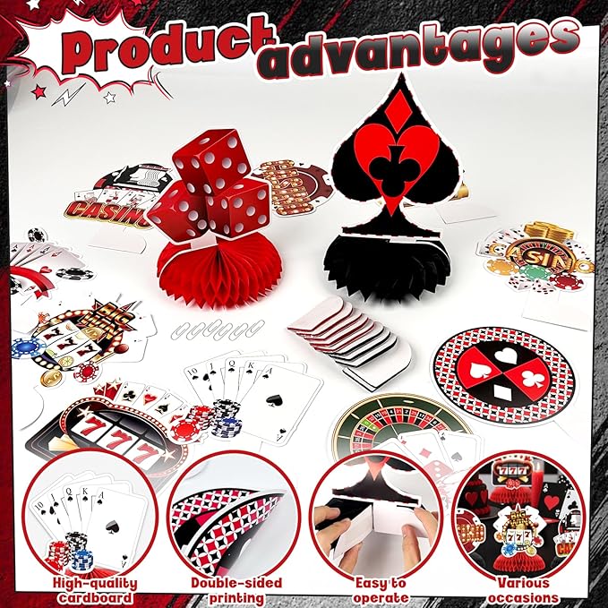 12pcs CasinoTheme Party Decorations,Casino Poker Happy Birthday Decorations, Honeycomb Centerpieces Decor Table for Party Supplies for Casino Table Toppers Casino Game Night Las Vegas Party Favors