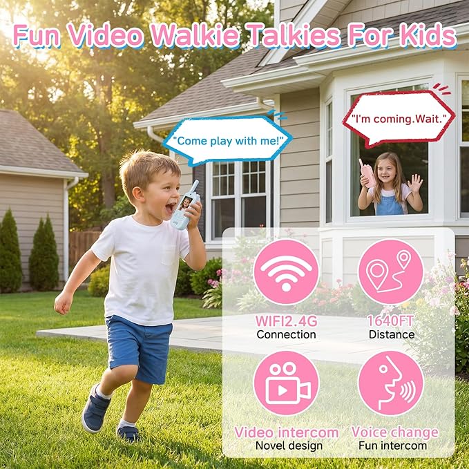 Video Walkie Talkies for Kids 2 Pack, WiFi Two-Way Video Intercom No Traffic Needed, 150-500M Long Range Kids Walkie Talkies with PIP Mode, Outdoor Toys for Boys Girls Age 3+