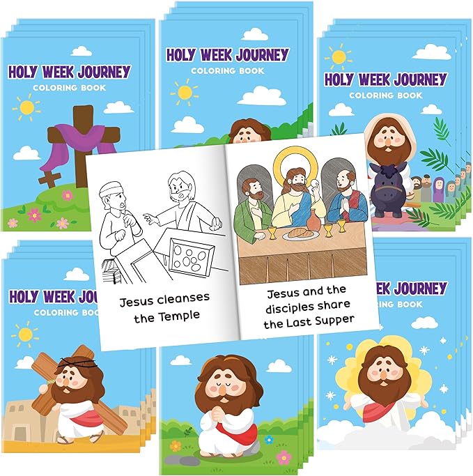 Easter Coloring Books for Kids - 24Pcs Bulk Holy Week Journey Mini Coloring Booklet Religious DIY Art Drawing Book for Toddlers Spring Easter Holiday Party Goodie Bags Stuffers Sunday School Classroom