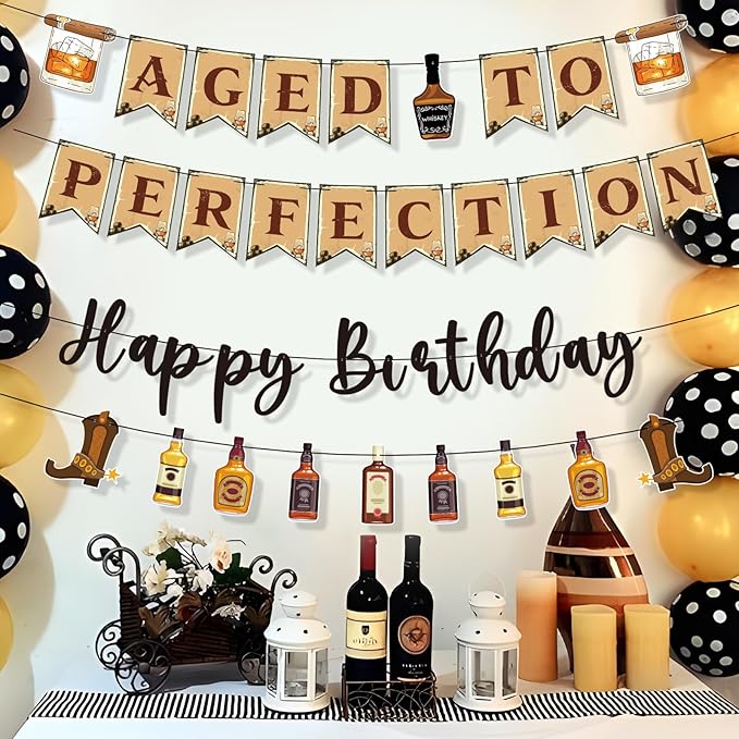 Aged to Perfection Birthday Decorations - Birthday Decorations for Men Whiskey Banners Beer Party Supplies Over the Hill 40th 50th 60th Bday Party Decor