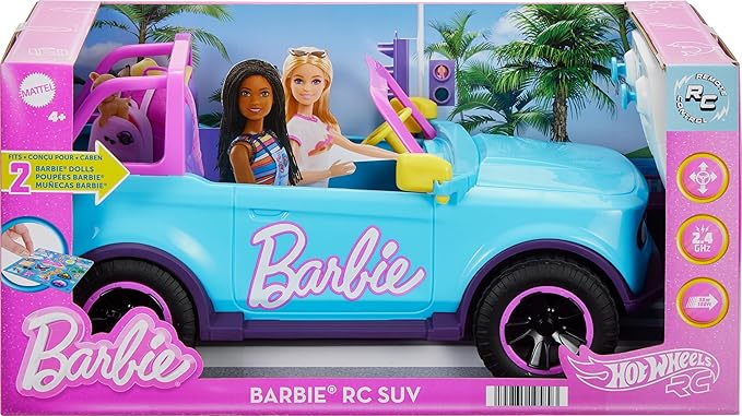 Hot Wheels Barbie RC SUV & Stickers, Can Hold & Store 2 Barbie Dolls & Accessories, Kid-Applied Stickers for Customization