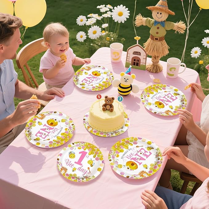 96Pcs Pink Bee 1st Birthday Party Supplies Honey First Bee Girls Baby Shower Plates and Napkins Tableware Sets So Sweet to Bee One Birthday Party Decorations for One Year Old Party Favors,Serves 24