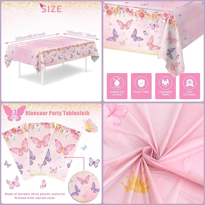 Staraise 3PCS Butterfly Tablecloth,Butterfly Disposable Plastic Table Covers,Watercolor Spring Themed Butterflies Birthday Decorations for Girls Kids Birthday Party,51.2X 86.6inch