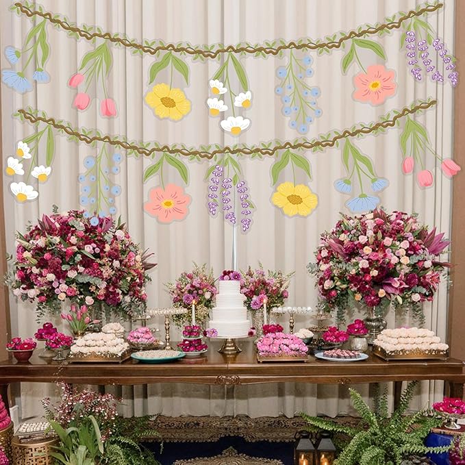 Flower Party Banner Wildflower Garland Spring Floral Party Decorations 2PCS Enchanted Garden Hanging Banner Decor for Flower Theme Wedding Wild One Birthday Baby Shower Valentine's Supplies