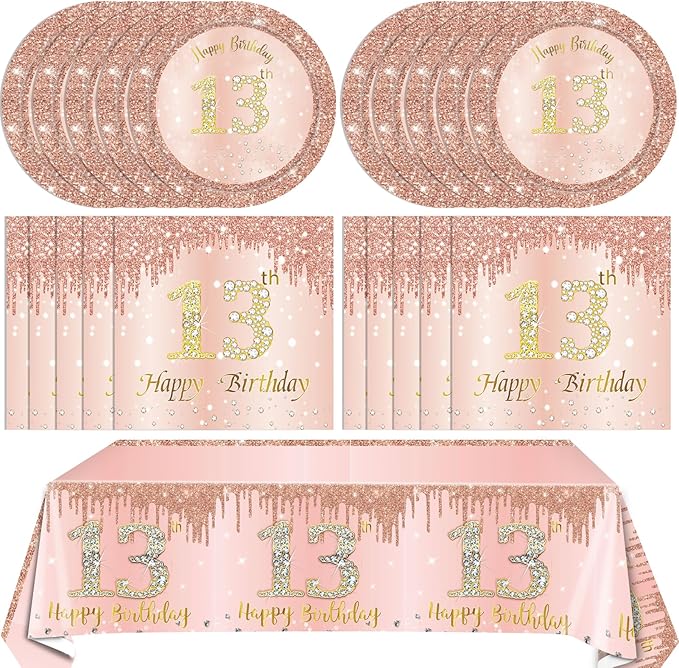 41PCS 13th Birthday Decorations Rose Gold Theme 13 Year Old Girl Birthday Decorations Including Happy Birthday Plates Napkins Tablecloth for Official Teenager 13th Birthday Party