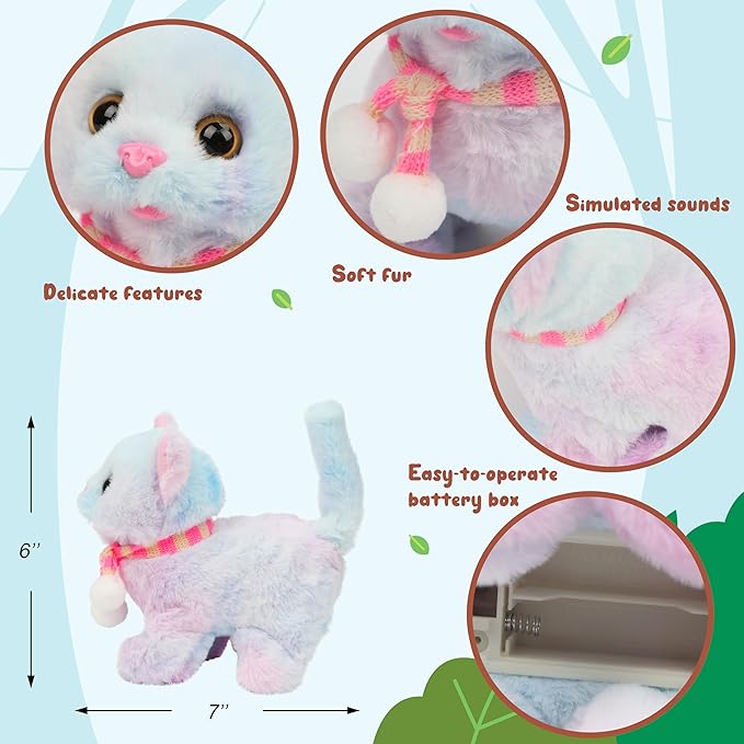 Easfan Walking Kitty Plush Toy Electric Interactive Cat Stuffed Animal Meowing Tail Wagging Head Nodding Cat Pet Toy Animated Kitten Birthday for Kids Toddlers,7.5’’ (Rainbow)