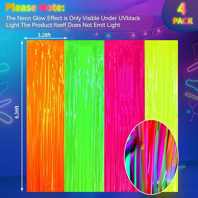 ADLKGG Glow in The Dark Party Supplies, 4Pcs 3.3x6.6 Feet Neon Party Decorations, Fluorescent Green Orange Yellow Fuchsia Foil Fringe Curtains Backdrop for Birthday Halloween Pool Photo Booth Prop