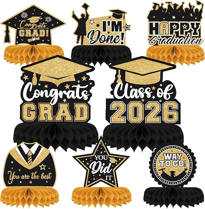 8 Pieces Class of 2025 Graduation Table Decorations - 2025 Congrats Grad Honeycomb Centerpieces, Black and Gold Graduation Table Toppers Decor for 2025 Graduation Party Decorations Favor Supplies
