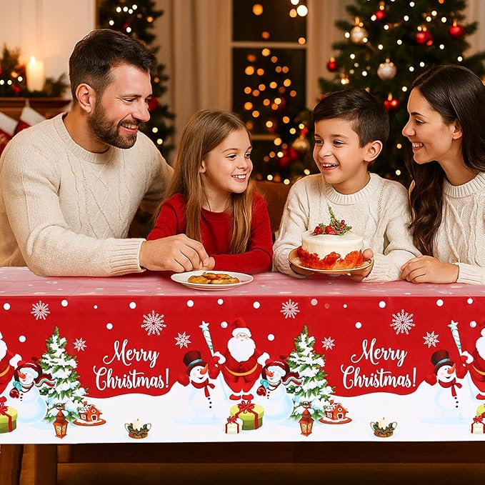 Staraise 3PCS Christmas Tablecloth, Red Rectangular Plastic Christmas Tablecloth, Winter Snowflake Snowman and Santa Claus Disposable Table Cover for Party Picnic Dinner Decor, 51.2X 86.6inch