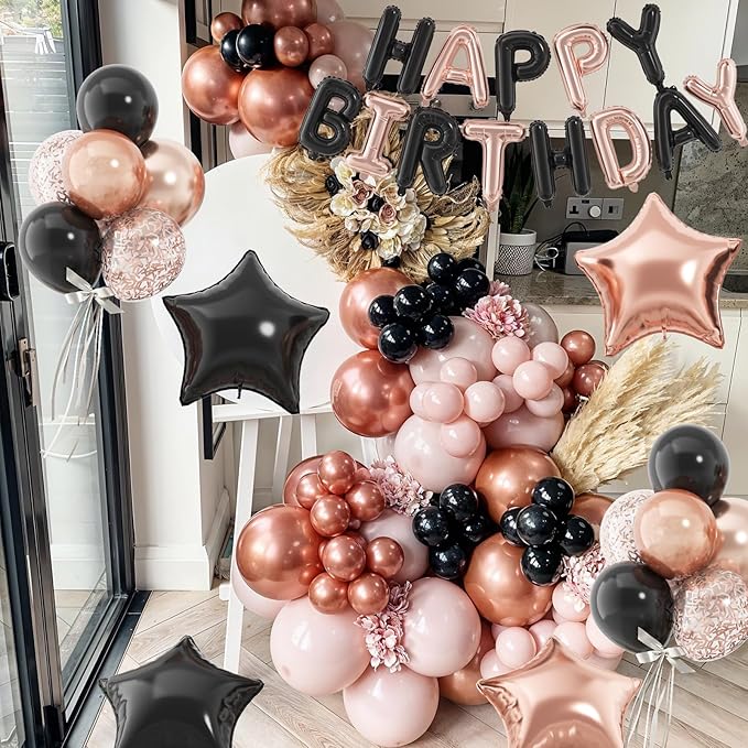 29PC Black Rose Gold Happy Birthday Balloon Banner, 16 Inch 3D Aluminum Letter Banner Sign, Pearl Metallic Rose Gold Black Balloon 18 Inch Star Foil Balloons for Women, Men Party Supply