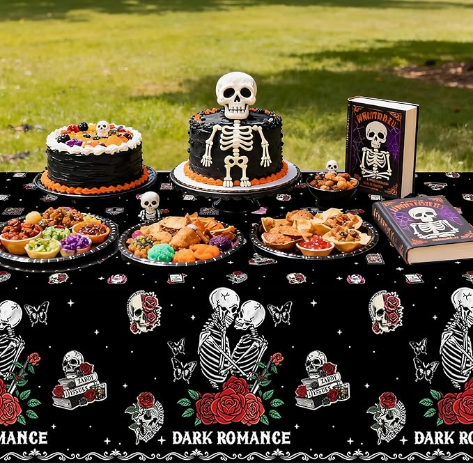 3Pcs Dark Romance Party Tablecloths - Skull Rose Gothic Party Table Cover Decoration Book Lover Theme Rectangular Plastic Disposable Table Cloth Decor for Kid Boy Girl Gothic Birthday Book Lover Event