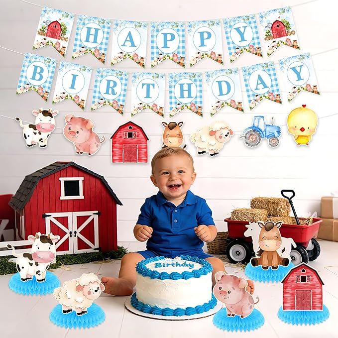 Blue Farm Animals Birthday Party Decorations for Boys Barnyard Baby Shower Supplies Set Includes Happy Birthday Banner Garland Tablecloth Honeycomb Centerpieces Watercolor Cow Pig Sheep Tractor Decor
