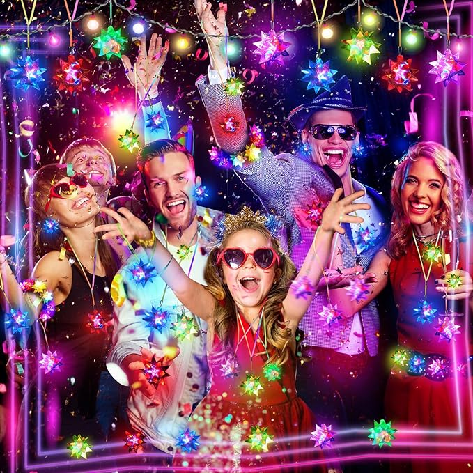 100PCS Flashing Crystal Star Necklaces, Glow Necklaces Bulk Light up Party Favors, LED Glow in The Dark Supplies for Kids Adults Birthday Glow Party Rave Halloween Goodie Bags Filler (Colorful)