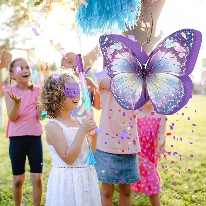 Hooqict Butterfly Piñata Purple Butterfly Pinata with Blindfold and Bat Stick for Kids Girls Spring Garden Family Games Purple Fairy Birthday Party Decorations Supplies